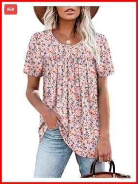 Womens Short Sleeve Pleated T-Shirt Loose Fit Ruffle Front Summer Blouse Top